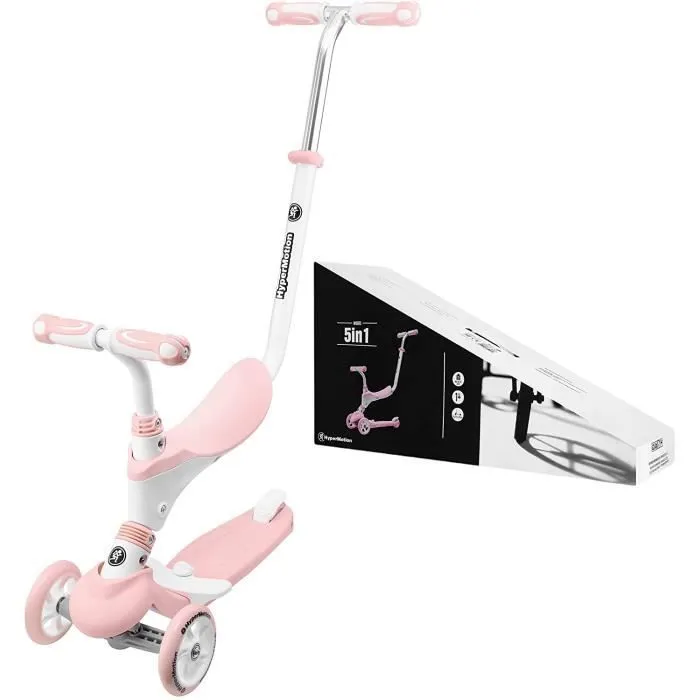 HyperMotion Draisienne Trottinette Enfant Evolutive 5 en 1 Jusqu'à 50 KG Poussoir Repose-pieds Selle Volant Réglable - CE Rose-0