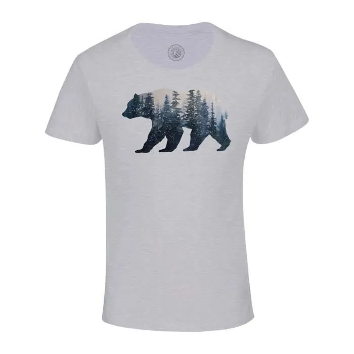 T-shirt Enfant Gris Aquarelle Ours et Foret Illustration Peinture encre Nature-0