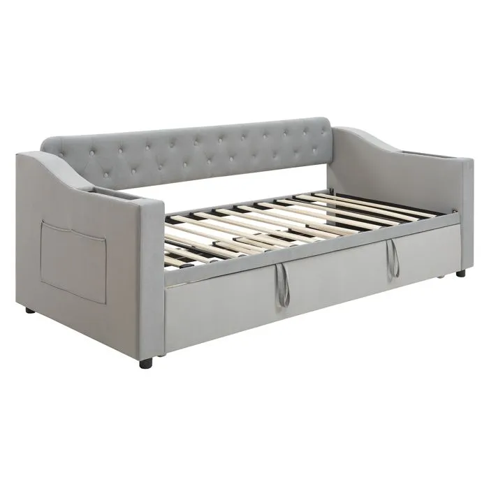 Lit gigogne - Canapé-lit - 90/180x190cm - Velours gris - Rangement intégré - Charge USB-4