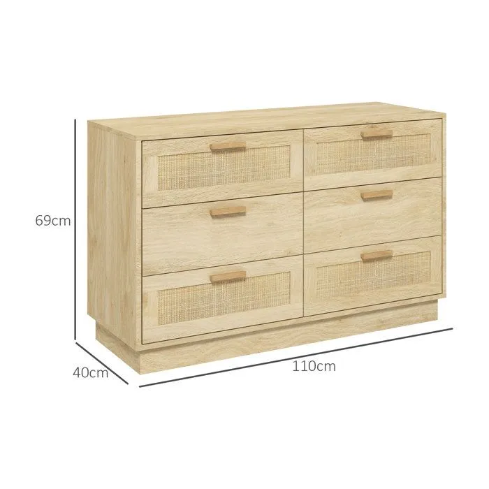 Commode design bohème en rotin - HOMCOM - 6 tiroirs - meuble de rangement - chêne-3