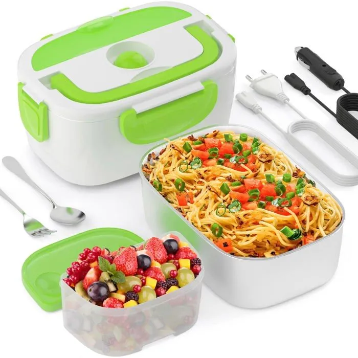 Lunch box Chauffante Électrique Inox,Boîte à Bento 1.5 L 40 W,Gamelle Chauffante 12 V 220 V-0