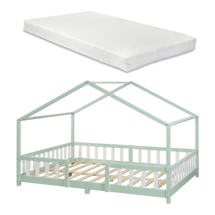 Lit d'enfant Treviolo Forme Maison avec Matelas à Mousse à Froid 200 x 140 cm vert menthe-2