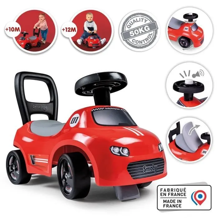 Bebeboutik Smoby Porteur enfant 2 en 1 Auto Rouge Coffre sous la selle klaxon Des 10 mois Fabrication francaise