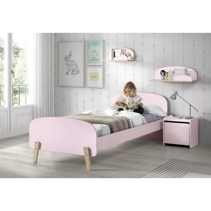 KIDDY Chambre enfant complète style scandinave en bois pin massif et MDF laqué vieux rose - l 90 x L 200 cm-1