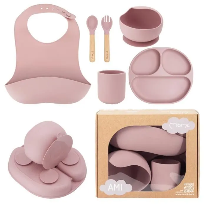 MoMi AMI - Set de vaisselle en silicone pour l’alimentation bébé - Sans BPA ni phtalates - Bois de hêtre – Rose-0