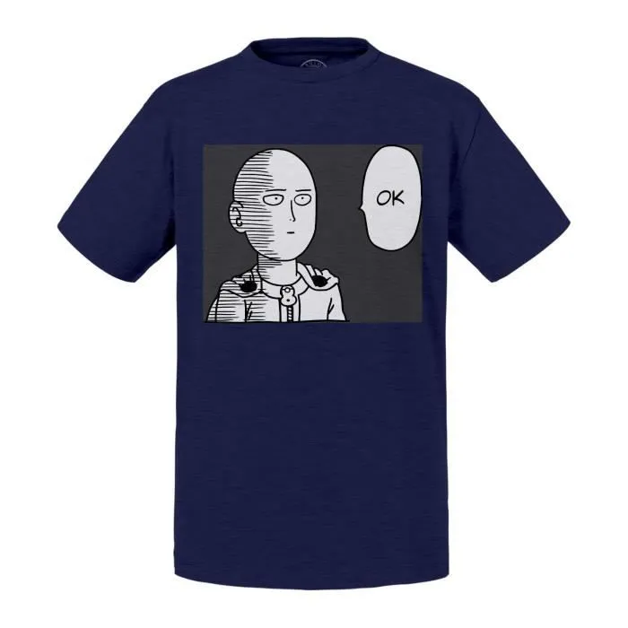 T-shirt Enfant Bleu One punch man OK Saitama Manga Anime Chauve-0