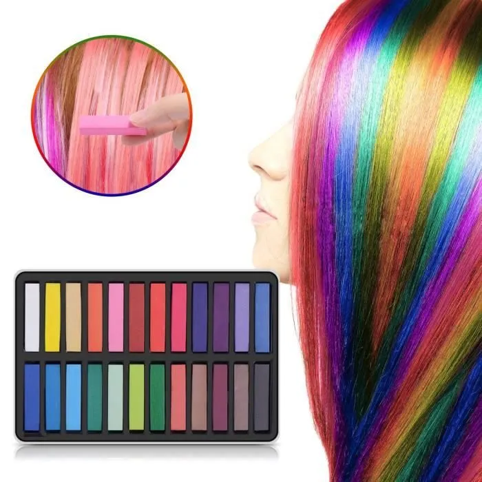 Sundix Ensemble de craie cheveux 24 colorant couleurs non-toxiques lavable temporaires craie filles enfants partie Cosplay-0