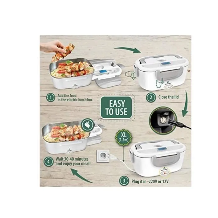Lunch Box Gamelle Chauffante Électrique pour Voiture Camion Bureau Travail 220V+12V, Chauffe en Quelques Minutes(gris)-3