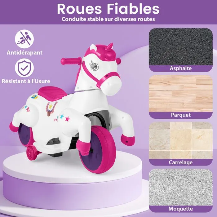 COSTWAY 12V Moto Électrique Enfant Licorne avec Musique, Roues d'Entraînement & Mode Équitation, 3 km/h, 30kg, 3 Ans+, Rose-3