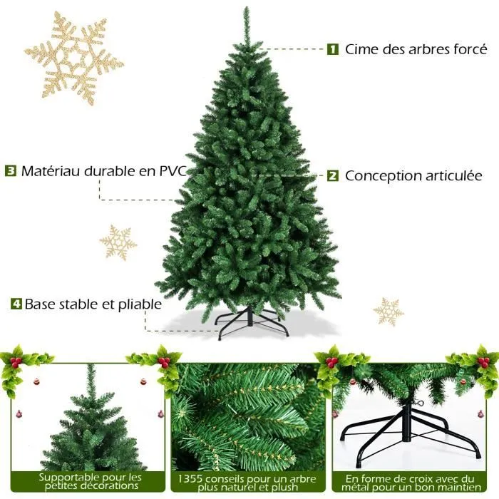 COSTWAY Sapin de Noël Artificiel 180CM en PVC avec 1355 Branches et Socle en Métal Stable,Décoration de Noël pour Fête Familiale-1