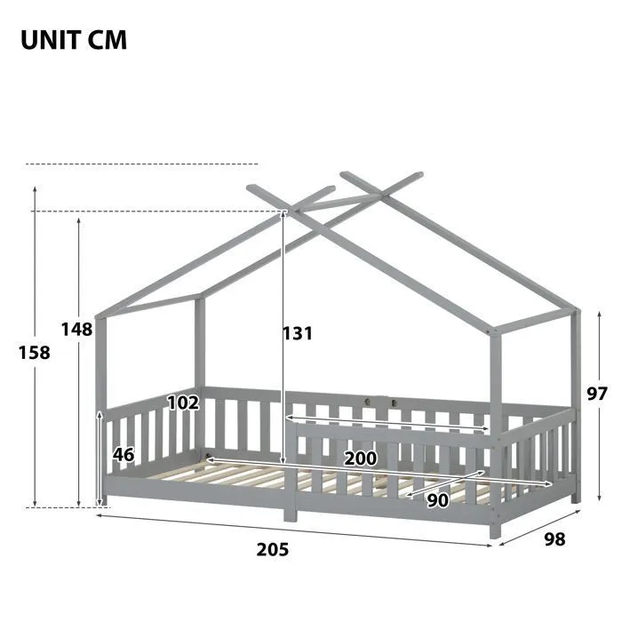 Lit cabane pour enfant - LIBERTÉ - Gris - Bois massif - sommier à lattes-3