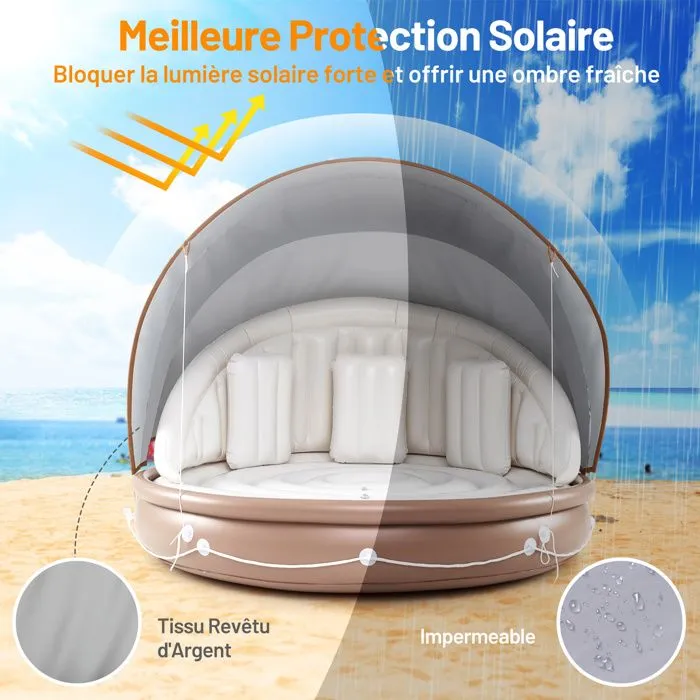 COSTWAY Matelas Gonflable À Eau Flottante avec Auvent rétractable et amovible, 3 Oreillers, 186 x 186 x 155 cm, 180KG-2