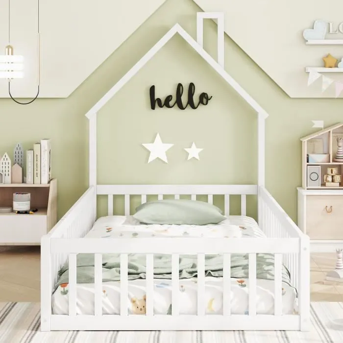 Lit cabane enfant 90x200cm - lit en forme de cheminée avec sommier à lattes - bois de pin, blanc-1