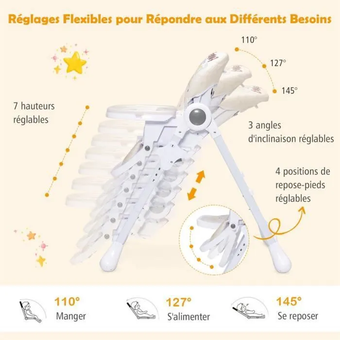 COSTWAY Chaise Haute Bébé Convertible Pliable 3 Angle Inclinable Hauteur Réglable,Dossier,Repose-Pieds,Double Plateau Amovible Beige-2