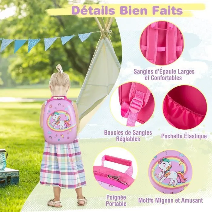 COSTWAY Valise Enfant à Roulettes 16’’ + Sac à dos 12’’, Ensemble de Bagage Enfants avec Motif Licorne, pour voyages en avion, Rose-2