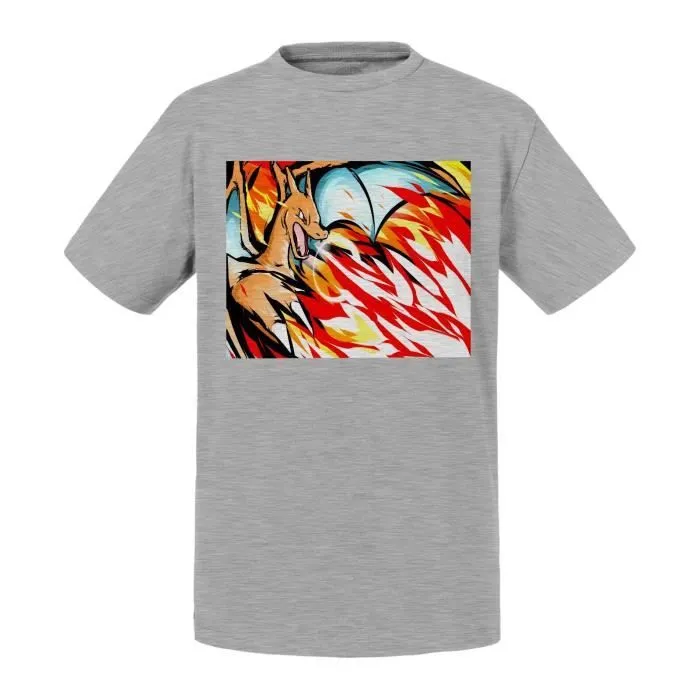 T-shirt Enfant Gris Pokemon Dragon Feu Dracofeu Charizard-0