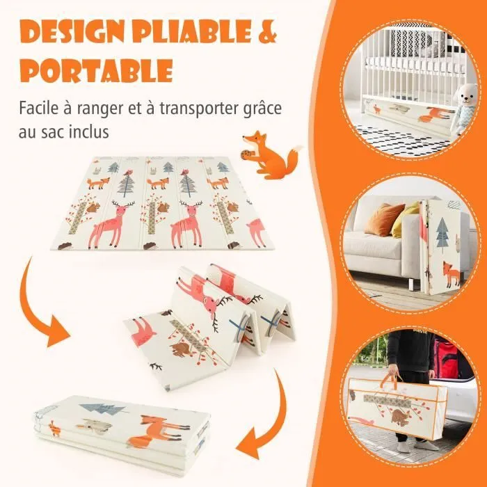 COSTWAY Tapis de Jeu Pliable pour Bébé 200 x 180 cm-Double Face Réversible-Sac de Transport-Doublure XPE Imperméable sans BPA-Cerf-3