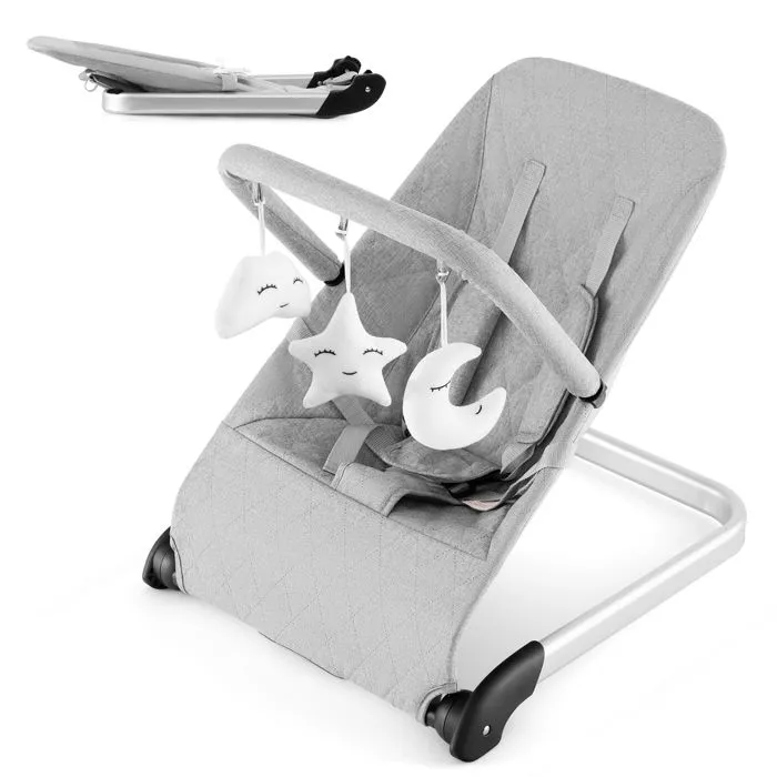COSTWAY Transat Bébé Pliable-de la Naissance à 6 Mois-9KG-Barre de Jouets-Housse en Tissu Amovible-Base en Aluminium Léger-Gris-0