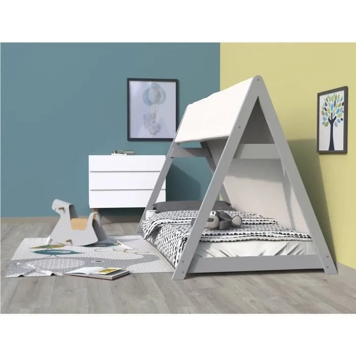 Lit cabane Tipi 90x200 cm avec sommier et toile - WEBER INDUSTRIES - Enfant - Gris-1