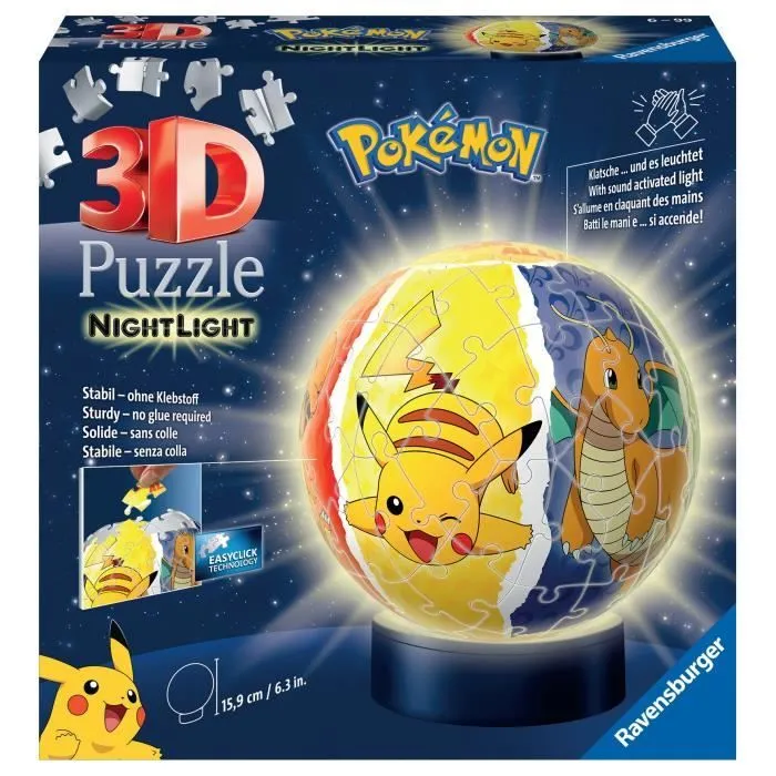 Puzzle 3D Ball illuminé Pokémon - Ravensburger - 72 pièces numérotées - Socle lumineux - A partir de 6 ans-0