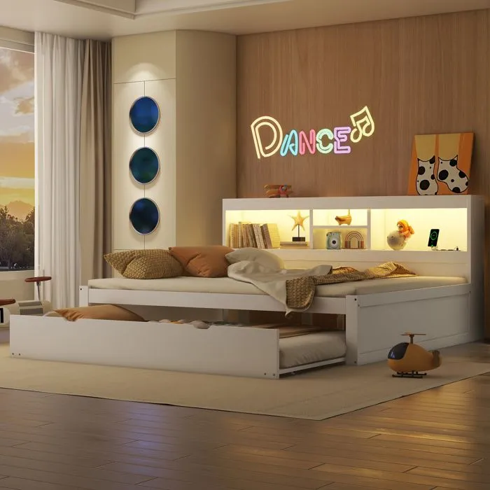 Lit gigogne - Blanc - 140x200cm + 90x190cm - LED, USB, rangement - sans matelas-2