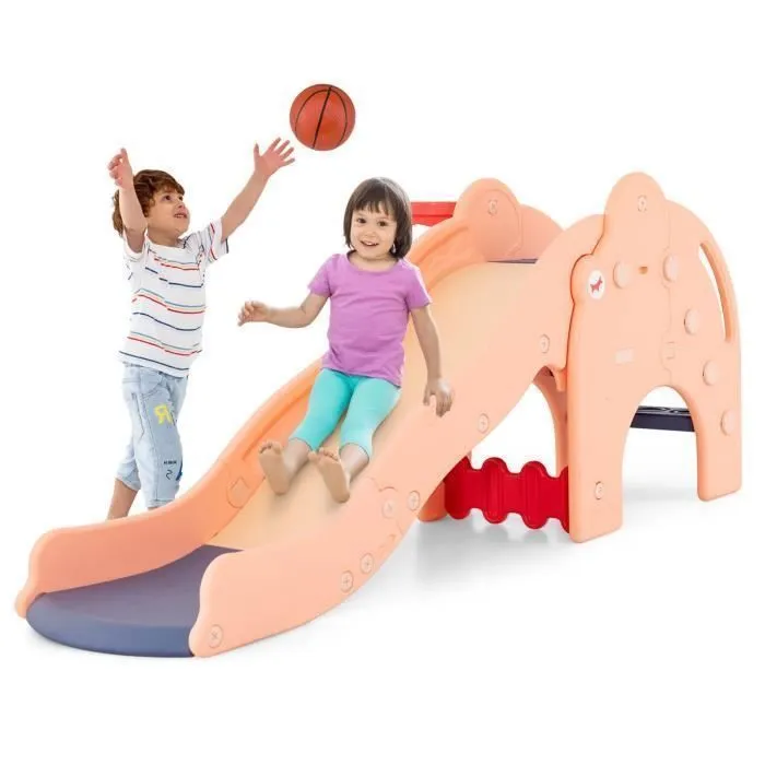 Toboggan 4 en 1 COSTWAY avec Panier de Basket, Ball, Escalade et pompe à ball - Jeu Intérieur-Extérieur Enfant dès 18 Mois Rose-0
