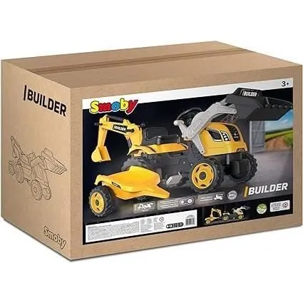 Tracteur à pédales Builder Max + Remorque + Pelleteuse + Pelle - Smoby - Jaune-4