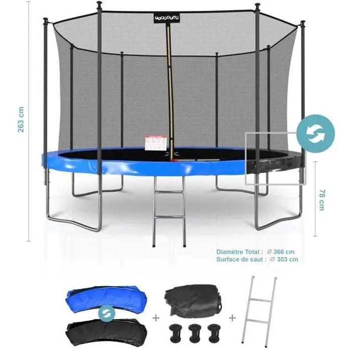 Trampoline ø366cm - 12FT Filet intérieur - Matelas réversible bleu et noir, Echelle - Classique-0