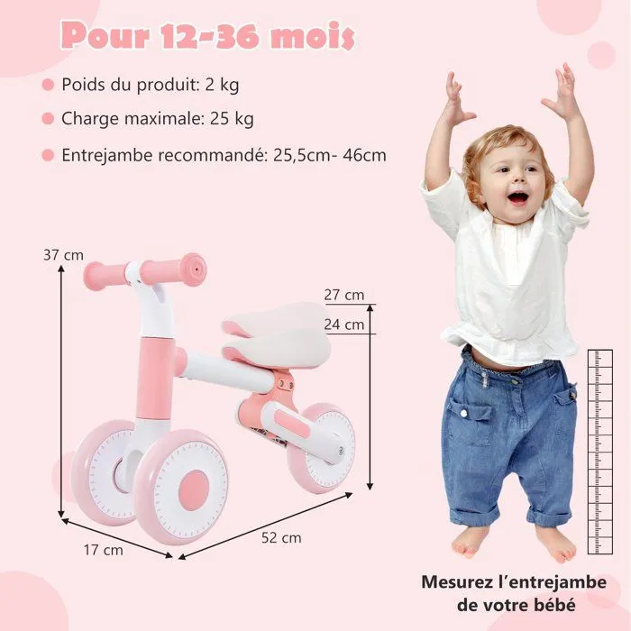 COSTWAY Draisienne sans Pédale pour Bébé 1-3 Ans avec 3 Roues, Vélo d'Équilibre Enfant Pliable avec Selle Réglable en Hauteur, Rose-4
