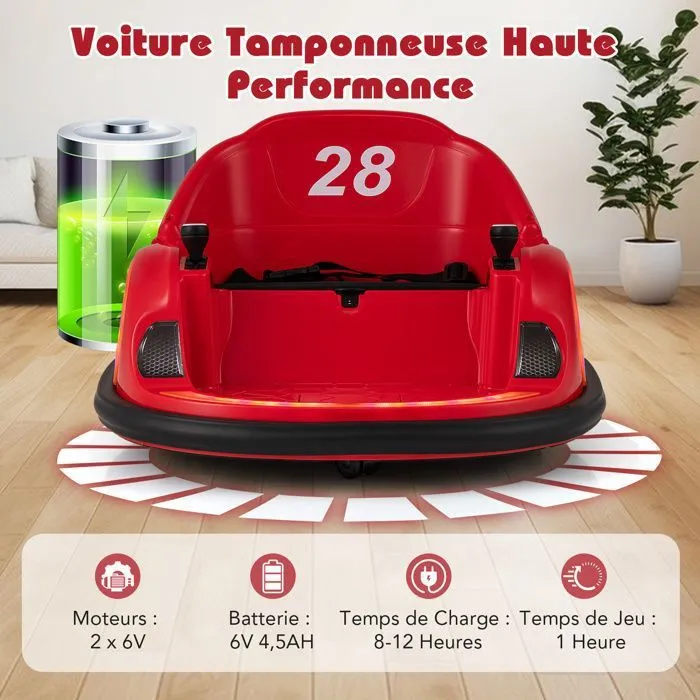 COSTWAY 12V Auto Tamponneuse Electrique pour Enfants, Connexion Sans Fi, LED, Musique, Rotation à 360°, 18+ Mois Rouge-3