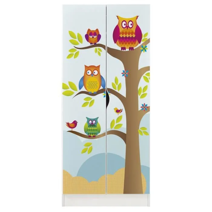 Armoire blanche deux portes Roma /motif Hiboux/-0