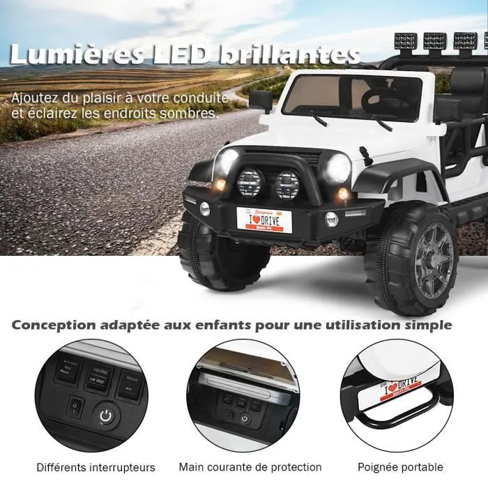 COSTWAY Voiture 4x4 Électrique 12V pour Enfants 3+ Ans, 2 Places, Télécommande 2.4G, Lumières LED et Musique,Blanc-3