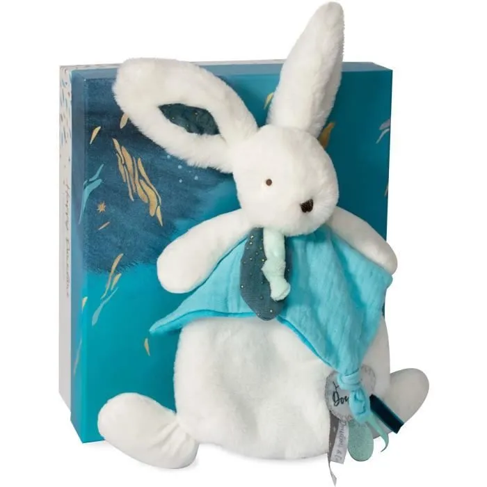 Doudou et Compagnie - Doudou Lapin -25 cm - Blanc/Bleu Paon - Lapin Pompon Paon - Idée Cadeau - Happy Pop - Happy Doudou To You-0