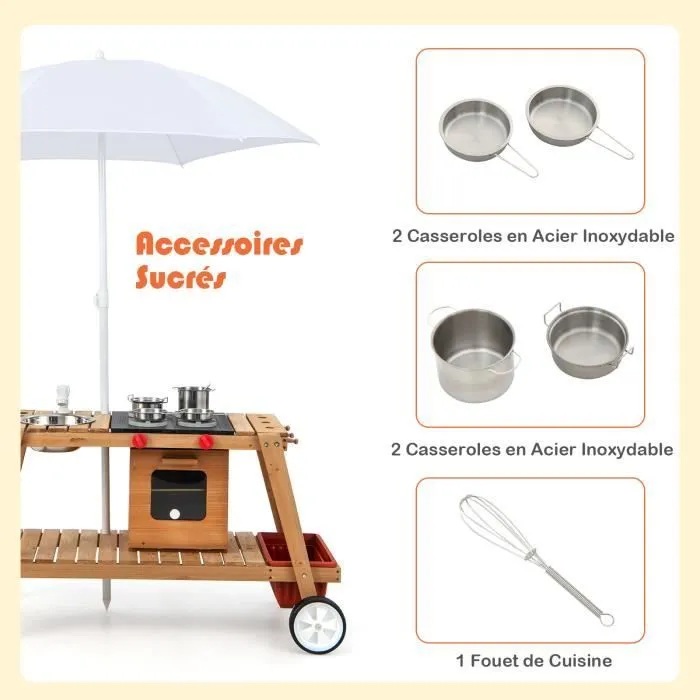 COSTWAY Marchande Enfant avec Accessoires- Voiture Restaurant avec Parasol pour Vendeurs Ambulants Bois 114 x 48 x 66 CM (L x l x H)-2