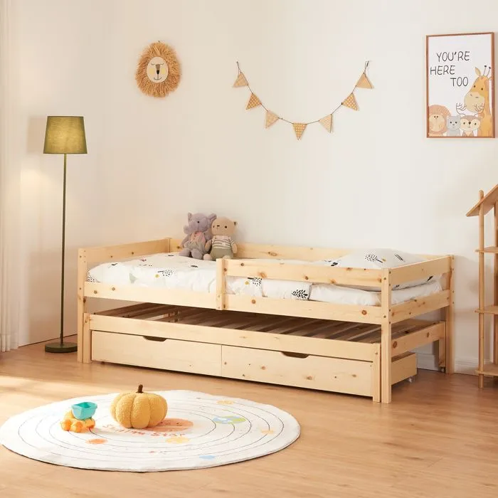 Lit gigogne pour enfant Sonkajärvi avec 2 tiroirs bois de pin 90 x 200 cm naturel-0