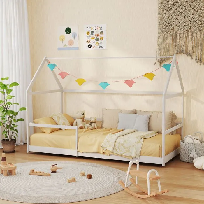 Lit cabane enfants 90x190 cm AIYAPLAY lit enfants lit maison enfant avec protection antichute, sommier à lattes et toit blanc-2