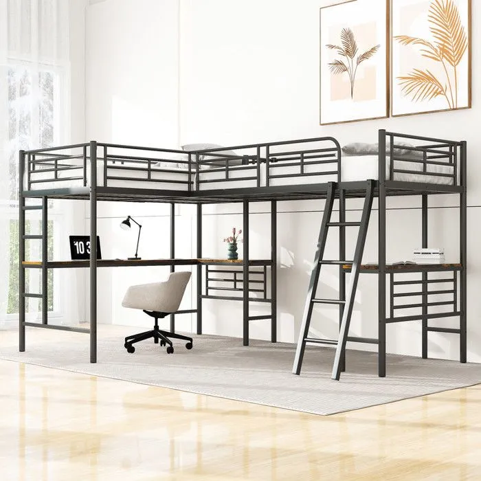Lit mezzanine - Noir - 90x200cm - Table sous le lit - Double escalier - Garde-corps hauts-0
