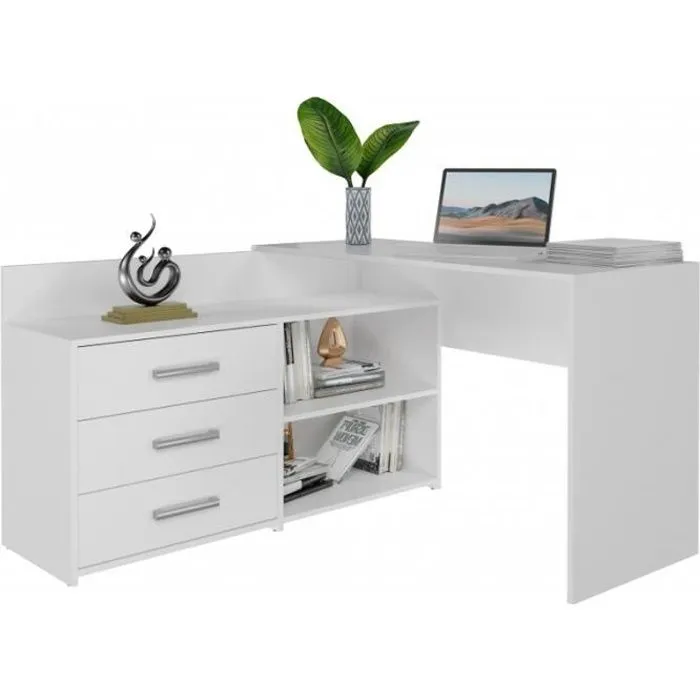 MOLINE - Bureau d'angle avec rangement - 3 tiroirs + 2 etagères - 120x50x76 cm - Bureau d'ordinateur-0