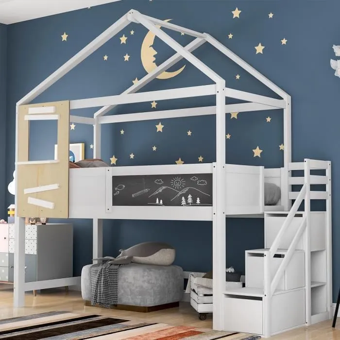 Lit combiné mezzanine enfant 90x200cm avec escalier, fenêtre, planche et 3 tiroirs, maison de jeu pour enfants en bois massif, blanc-0