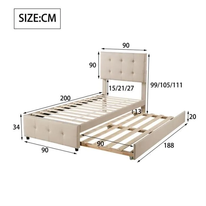 Lit gigogne - Enfant - Beige - 90x200cm + 90x190cm - Tête de lit réglable - Lit extensible en lin-3