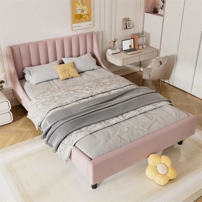 Lit double - DREAMMESPACE - 140x200 cm - Velours rose - Minimaliste - Sommier inclus-1