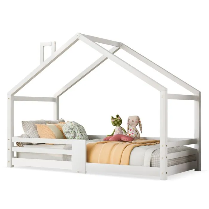 Lit cabane enfant 90 x 200cm, avec protection contre les chutes et cheminée, sommiers à lattes robustes, en bois de pin, blanc-4