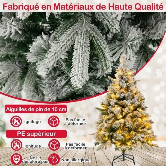 Sapin de Noël Artificiel LED 136 cm COSTWAY-Neige Blanche-150 Lumières Blanches Chaudes-384Branches en PE et PVC-Décoration de Noël-2