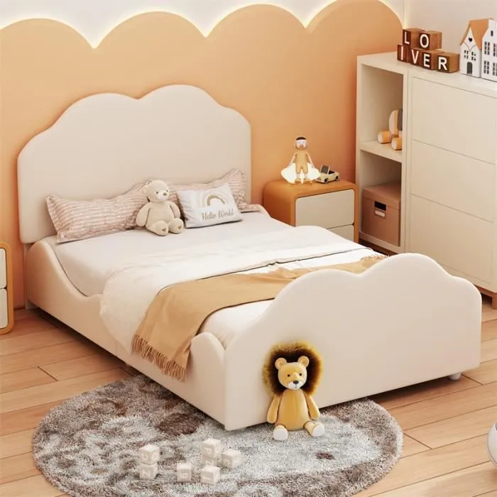 Lit enfant - DREAMMESPACE - Modèle nuage - 90 x 200 cm - Velours beige - Capacité 150 kg-0