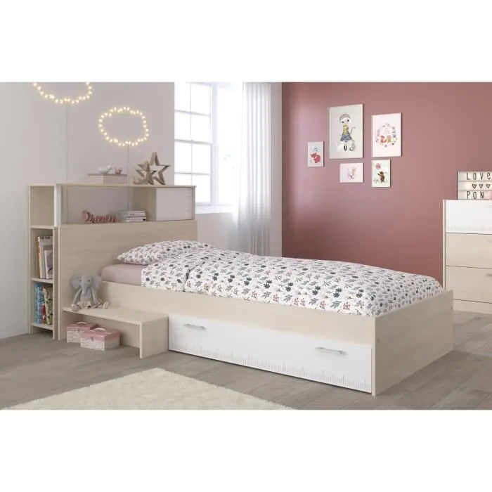 PARISOT Ensemble lit + tête de lit avec rangement - Style contemporain - Décor acacia clair et blanc - CHARLEMAGNE-1