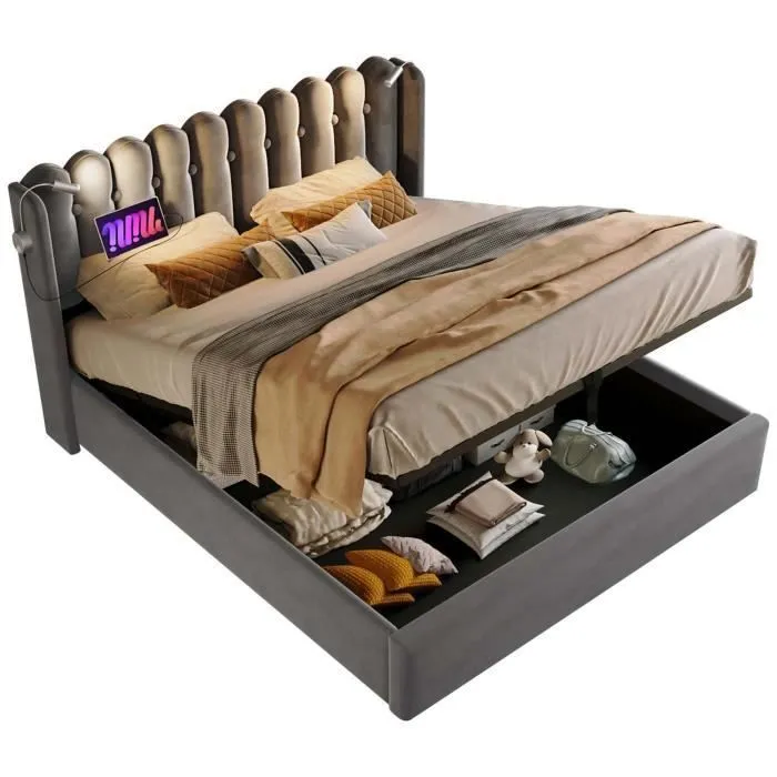 ModernLuxe Lit coffre 160x200 cm, lit adulte avec lampes de lecture et ports USB, sommier à lattes, tissu en velours, gris-2