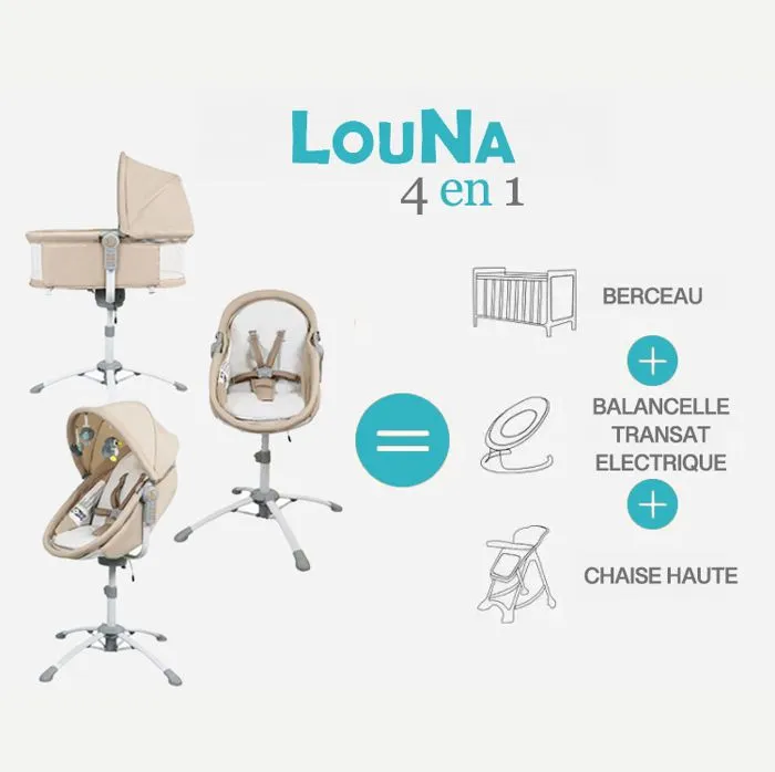 LOUNA multifonction 4 en 1 : BERCEAU, BALANCELLE ELECTRIQUE, CHAISE HAUTE TRANSAT.-1