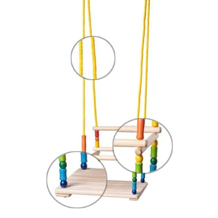 Balançoire en bois - ZOOM - Modèle coloré - Dossier sécurisant - Cordes douces - Charge 25 kg-2