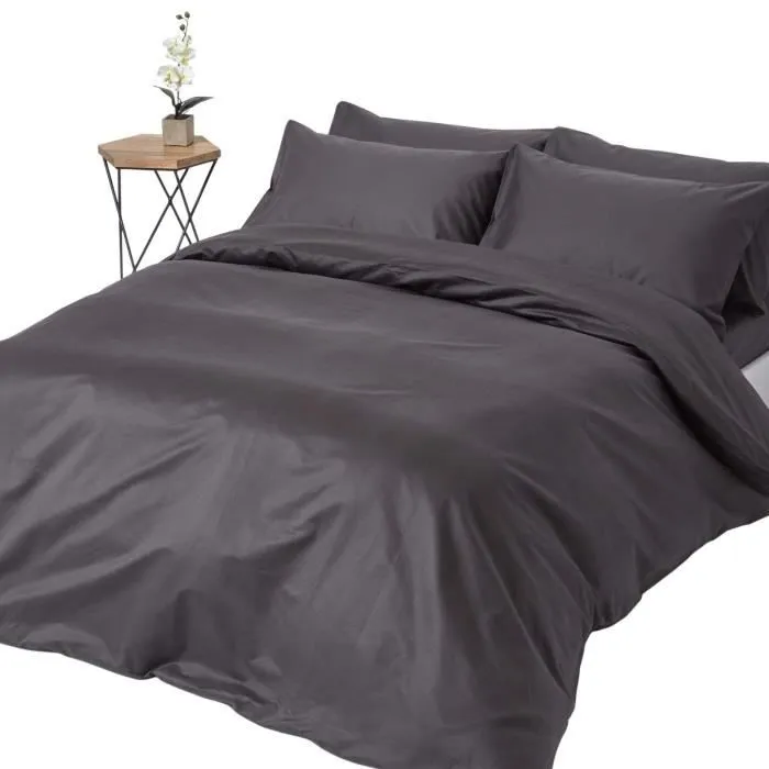 Parure de lit en satin de coton égyptien 1000 fils Housse de couette 260x220 cm et 2 Taies d'oreiller 50x75 cm coloris Gris foncé-0