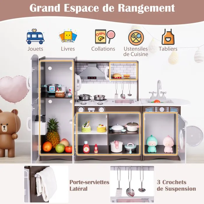 COSTWAY Cuisine d'Angle XXL pour Enfants de 3 Ans+ 8 Accessoires avec Téléphone , Machine à Glaçons, Micro-Ondes, Machine à Laver-5